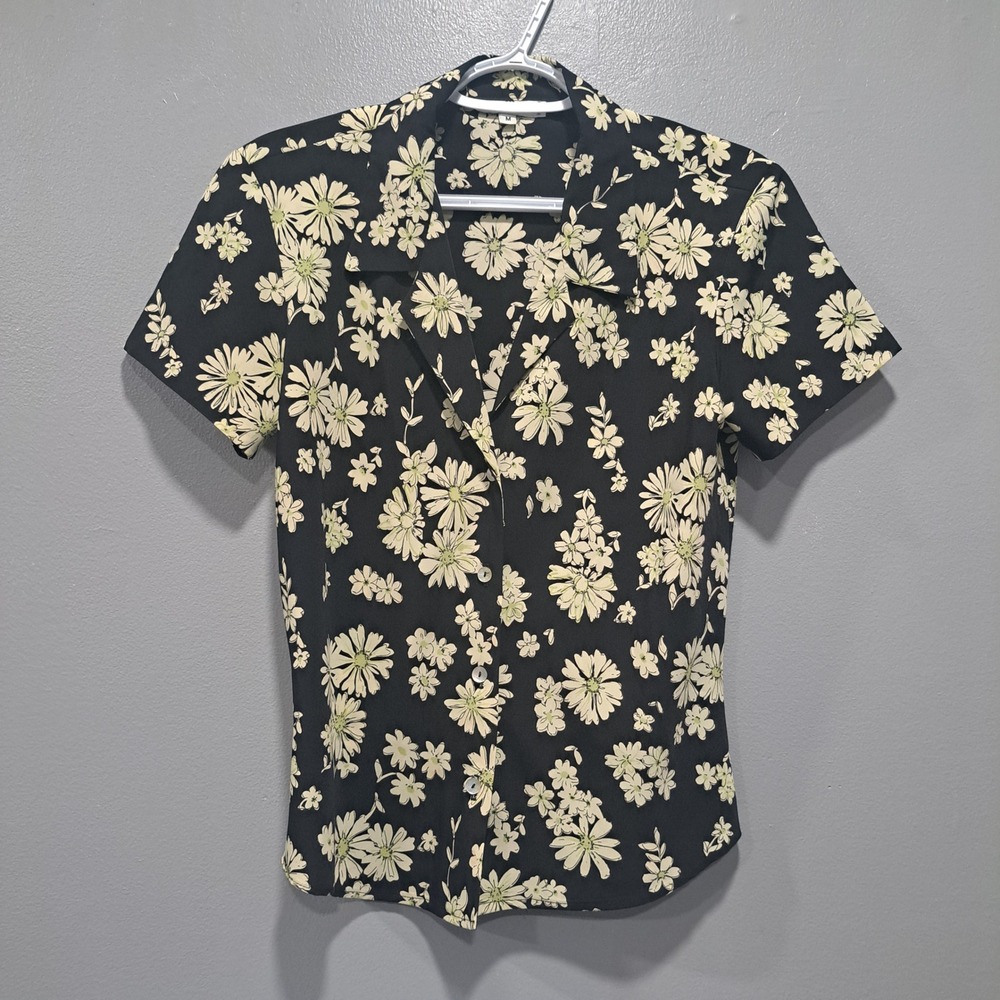 VTG Rampage R-Wear Floral Button Up Shirt Black Beige Short Sleeve 90s Y2K
